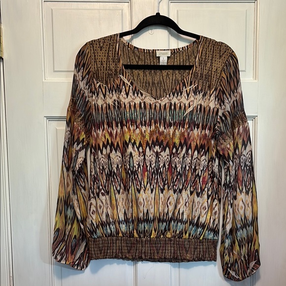 Chico's Brown and Tan Graphic Long Sleeve Blouse - Picture 1 of 7